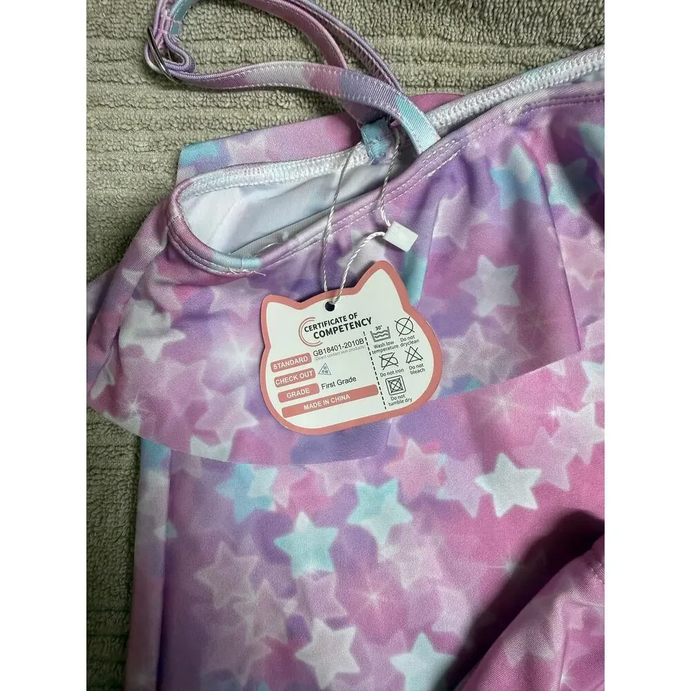 Swimsuits Girls 12-14 Years Purple Star  UPF 50+ One Shoulder Ruffles Tankini